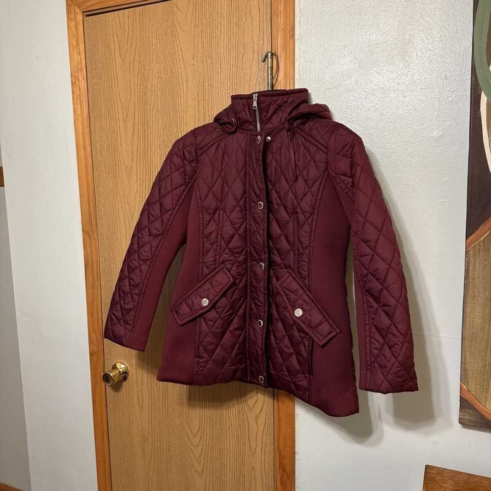 London Fog Medium Solid Red Quilted Side Stretch Full-Zip Hooded Jacket - EUC